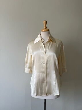 Citron Silk Blouse Ivory Button Up Short Sleeve Minimal Luxe